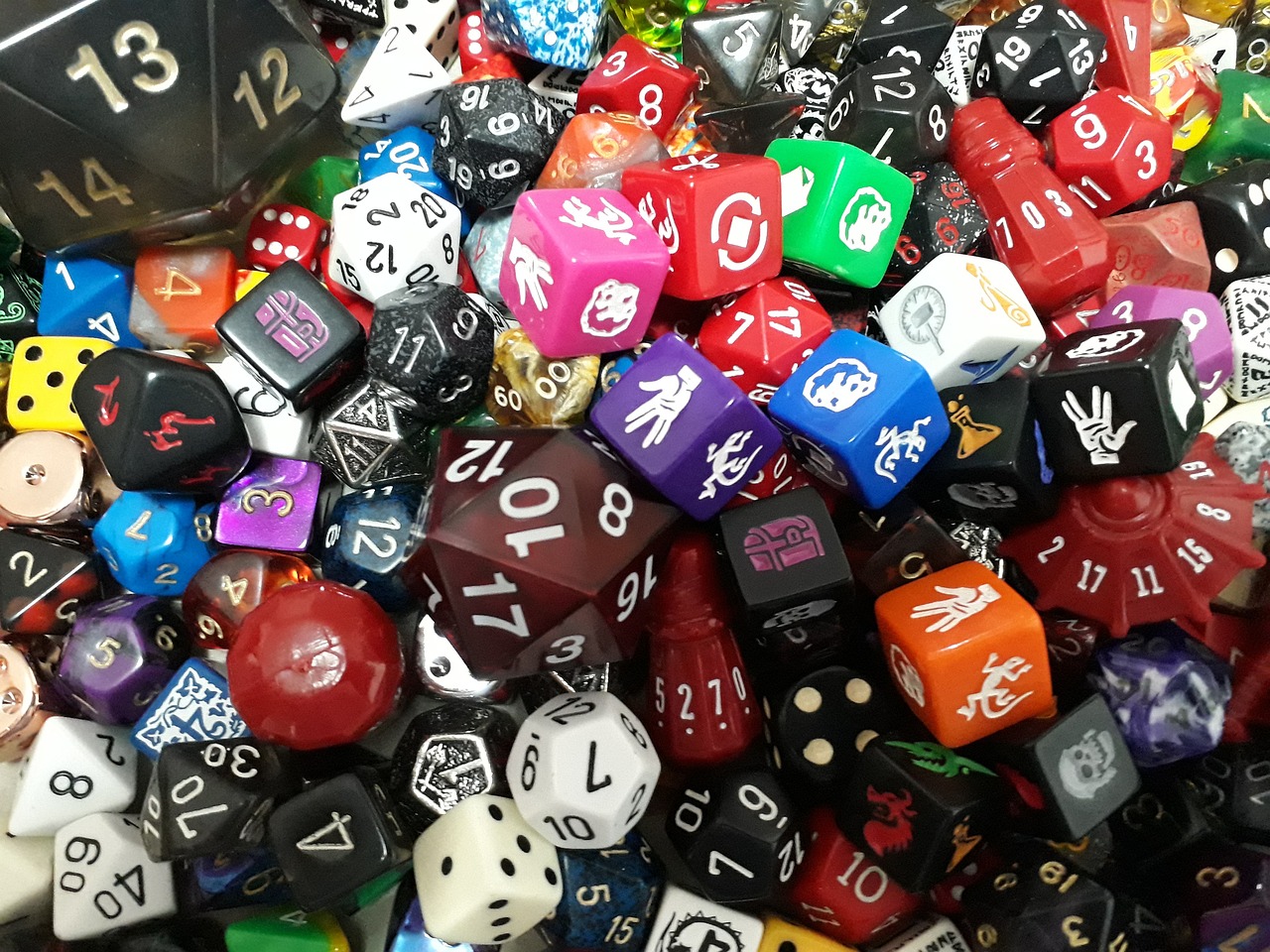 A colorful pile of tabletop gaming dice